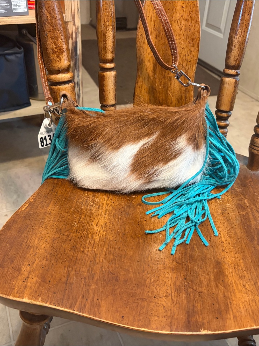 Cowhide Crossbody Bag with Turquoise Fringe